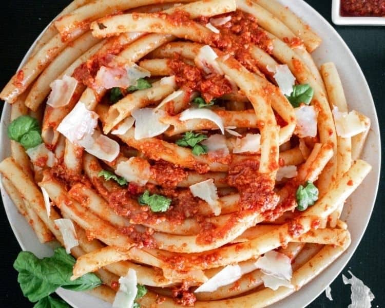 pasta with red pesto for Valentine's Day