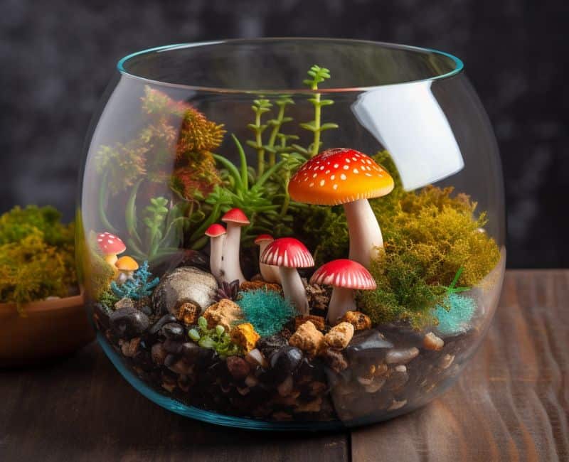 colorful mini plants with mushrooms