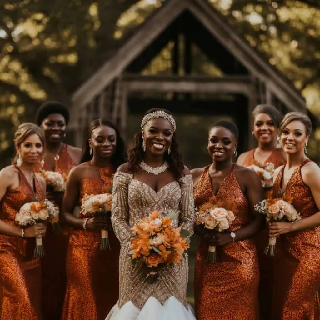 bride in burnt orange wedding dress