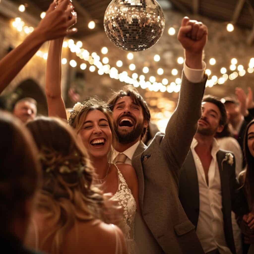 guests dancing to a classic '70s playlist with disco ball