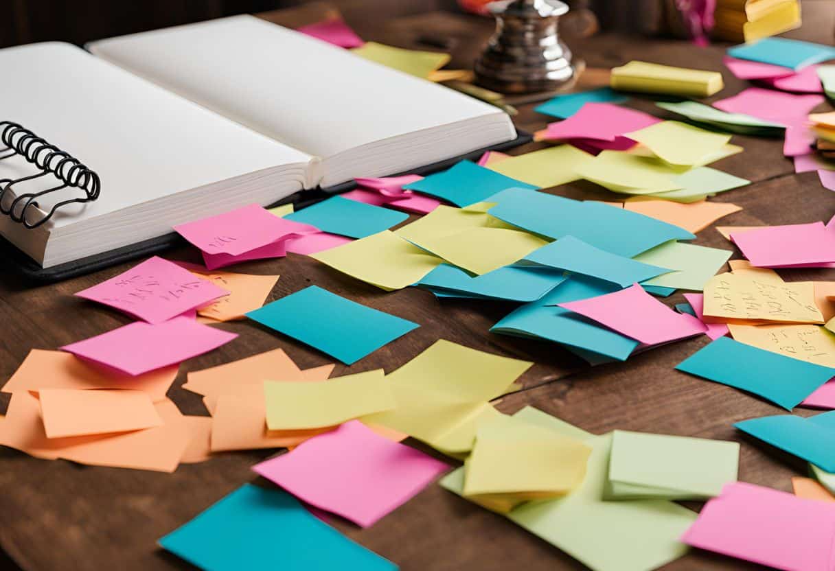 Guests writing messages in a colorful guest book at a graduation party. Pens, stickers, and photos scattered on the table. Excitement and celebration in the air