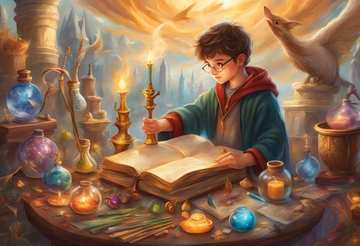 Children creating magical crafts inspired by Harry Potter, surrounded by wands, spell books, and potion ingredients