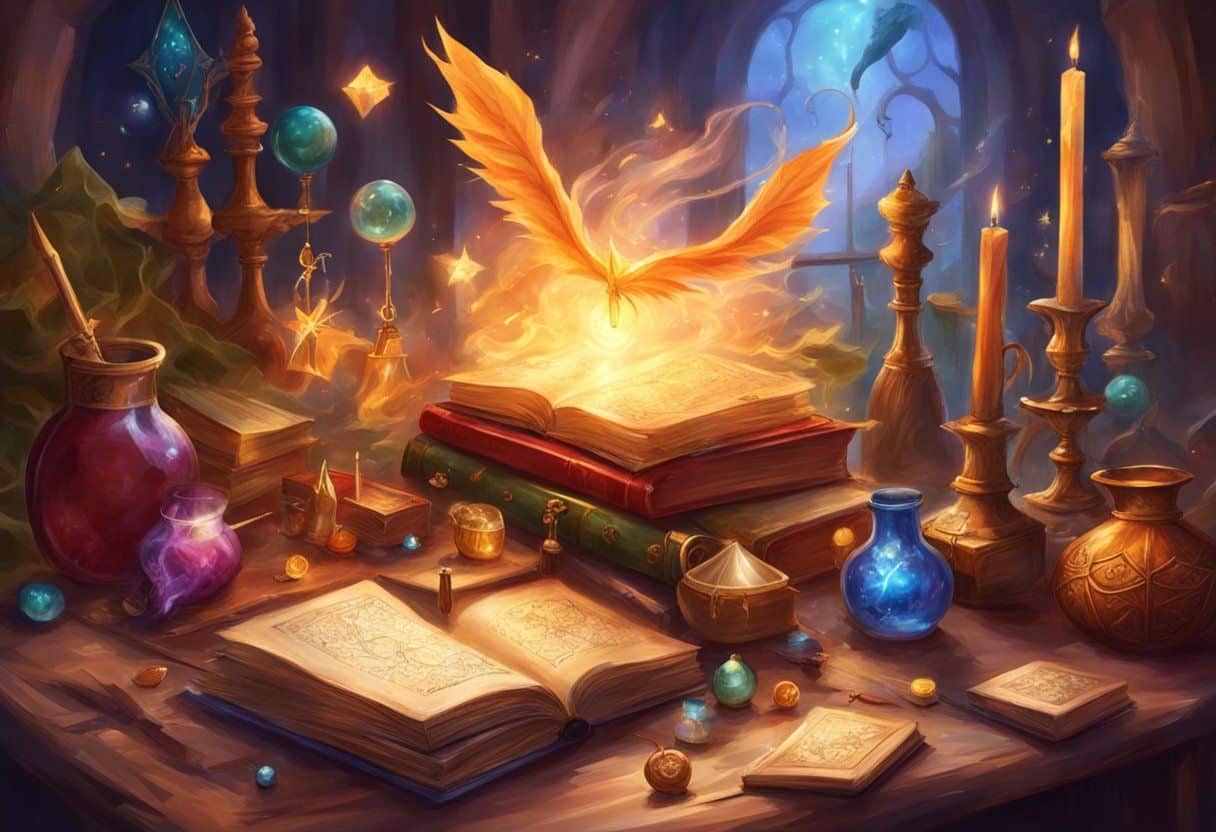A table scattered with wizard-themed crafts: wands, spell books, potion bottles, and Quidditch broomsticks