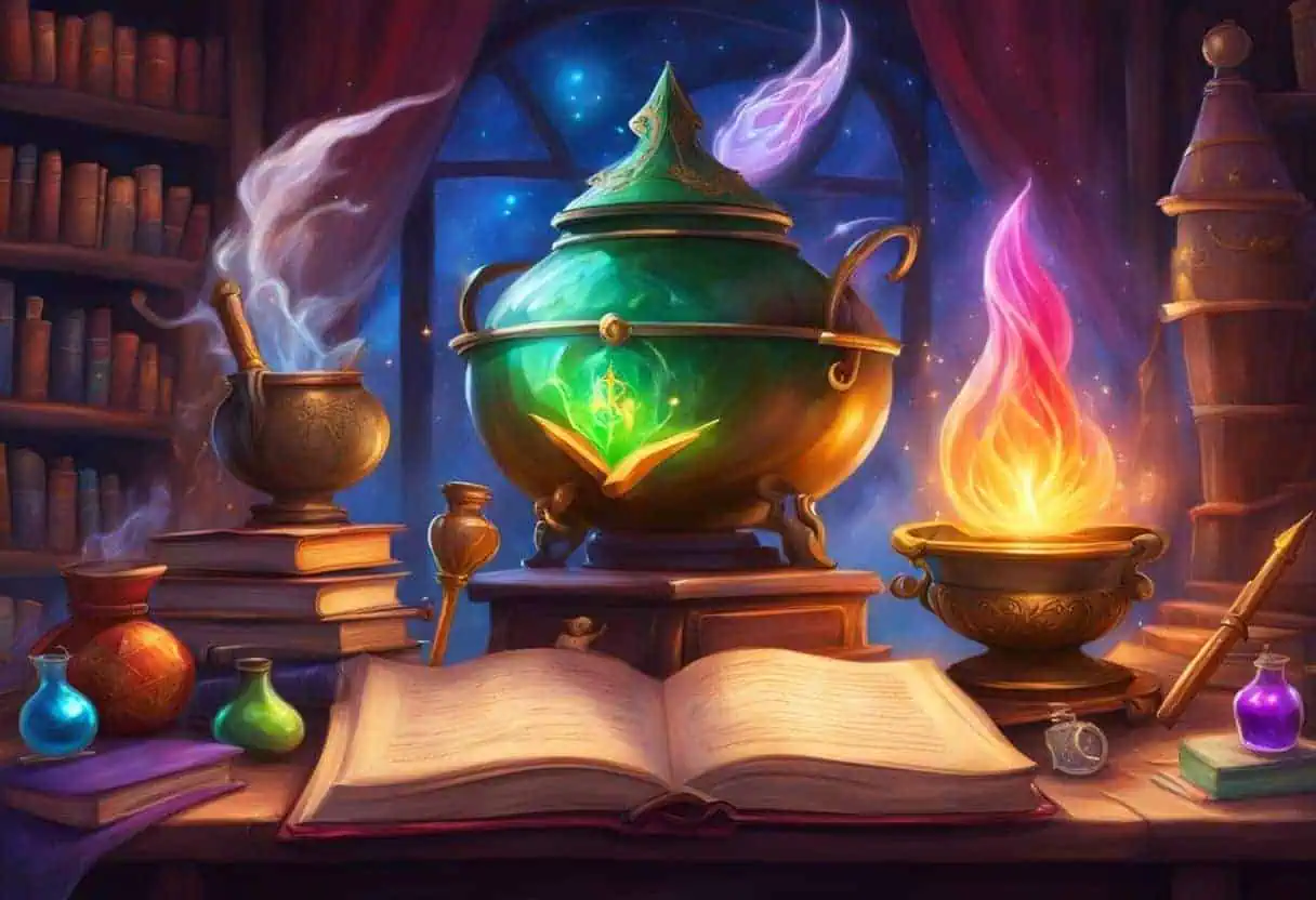 A cluttered desk with a stack of spellbooks, a wand, and a cauldron filled with colorful potion ingredients. A Hogwarts crest hangs on the wall