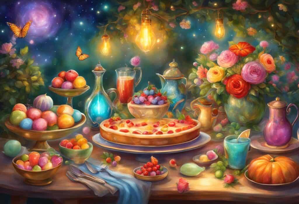 Colorful treats and drinks adorn a whimsical garden table, surrounded by twinkling lights and blooming flowers