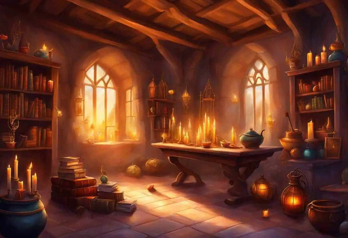 Wizarding World decorations and ornaments fill the room, with floating candles, spell books, and magical creatures. A cauldron bubbles in the corner, while a broomstick and wand rest against the wall