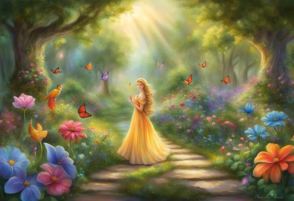 The garden is adorned with twinkling lights, colorful flowers, and whimsical fairy statues. A gentle breeze carries the scent of fresh greenery, creating a magical and enchanting atmosphere