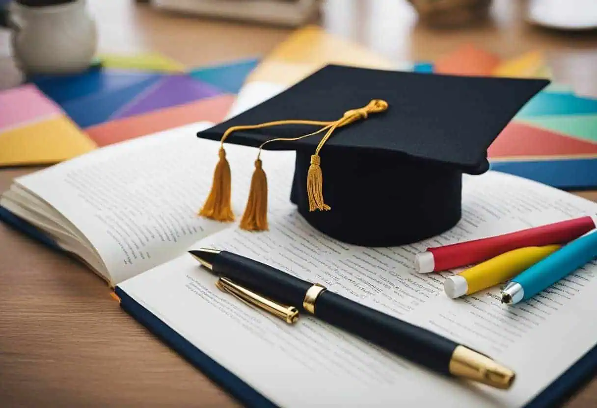 A table adorned with a stack of colorful graduation caps, a quill pen, and an open guest book with vibrant pages ready to be filled with well-wishes and memories