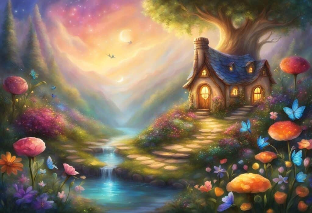 A colorful fairy garden with twinkling lights, blooming flowers, and tiny fairy houses. Sparkling fairy dust and whimsical creatures add to the enchanting atmosphere