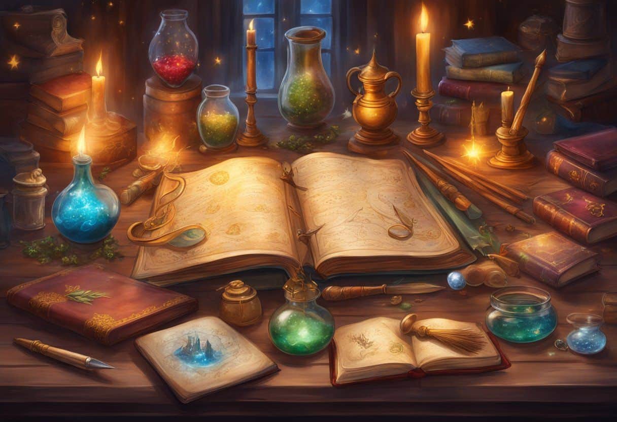 A table covered in Harry Potter-themed craft supplies, including wands, spell books, and potion ingredients