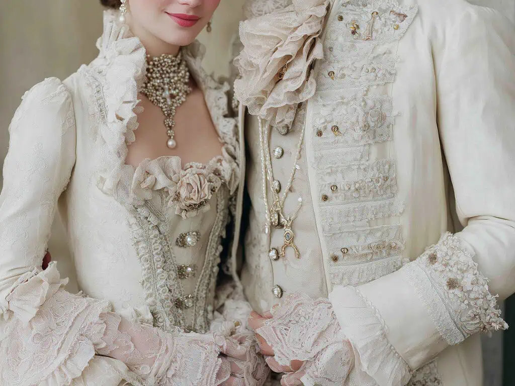 A couple dressed in beautiful Rococo Wedding attire of pearls and lace.