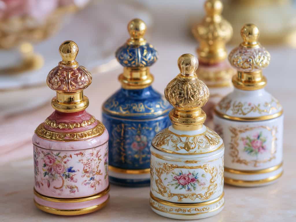 Elegant vintage ceramic perfume bottles with gold accents, perfect for gift shop displays and wedding favors.