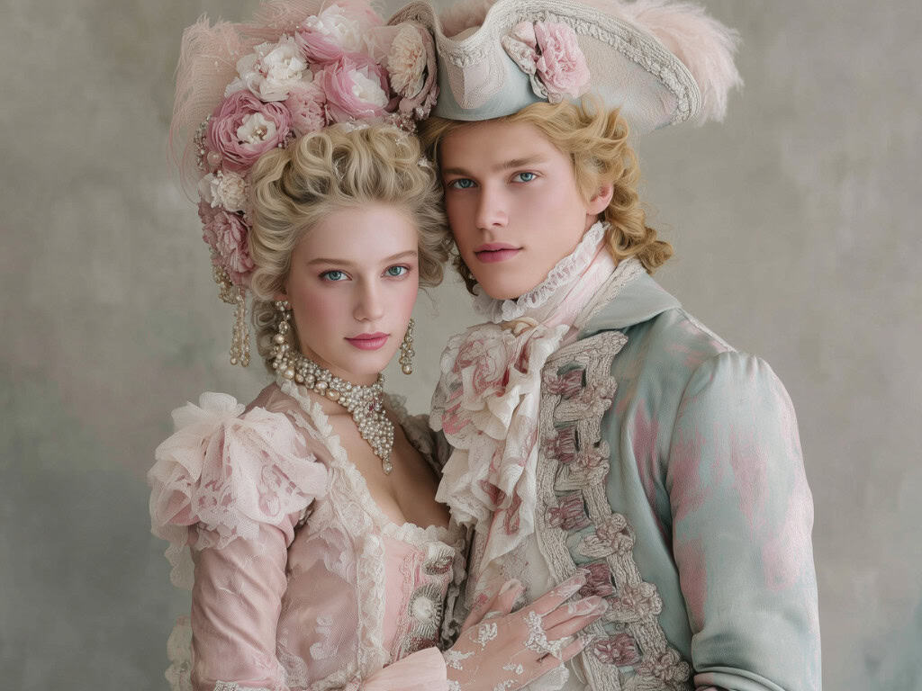 beautiful couple in rococo wedding attire with pastel colors and lots of lace and pretty head gear.