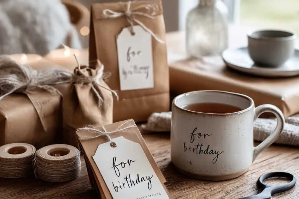 Cute gift coffee mug with "for birthday" message, perfect for online gift shopping.