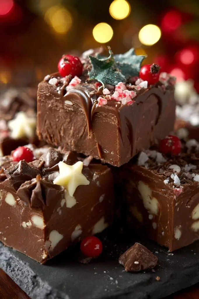 Decadent holiday chocolate treats with cranberries and festive decorations.