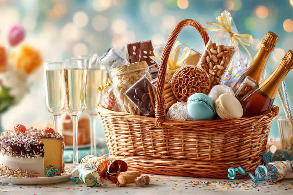 Assorted gift basket with chocolates, champagne, macarons, and party decorations for celebrations.