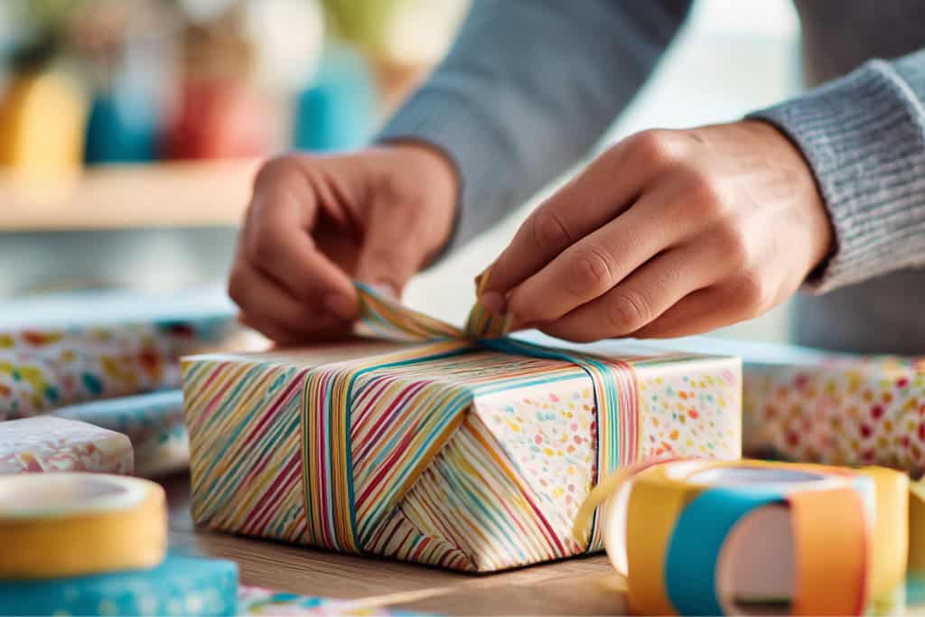 Colorful gift wrapping with ribbon, perfect for online gift store presents.