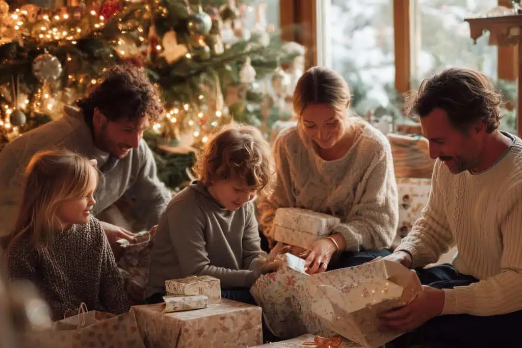 Wonderful family opening Christmas gifts by the decorated tree, perfect for holiday gift shopping.