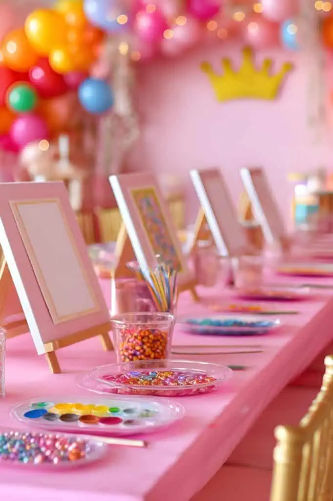 Colorful party table decorated with themed craft supplies and balloons, perfect for online gift store celebrations.