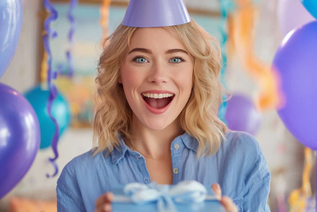 Bright young woman celebrating birthday with gifts and party decorations at the best online gift store.