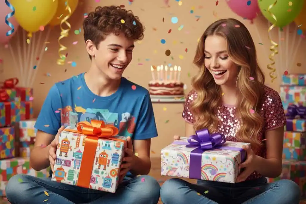Gift exchange celebration, children opening colorful presents at birthday party.