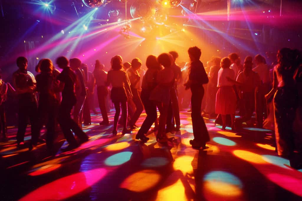 people dancing in an 80s night club with lots of bright color lights