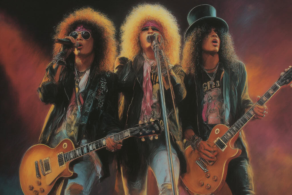 Colorful rock band with guitars and microphones during concert.