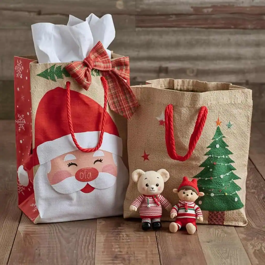 Fun Christmas Gift Bag Ideas for Preschoolers in green and red with Father Christmas and Christmas trees on the bags surrounded by small toys.
