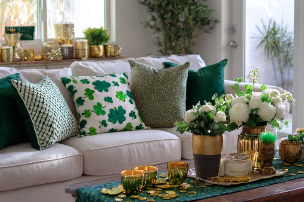 St Patrick's Day decorations with greens cushions and cushions with shamrocks.
