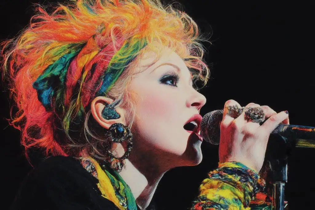 Cindy Lauper singing on stage with her bright colorful hair.