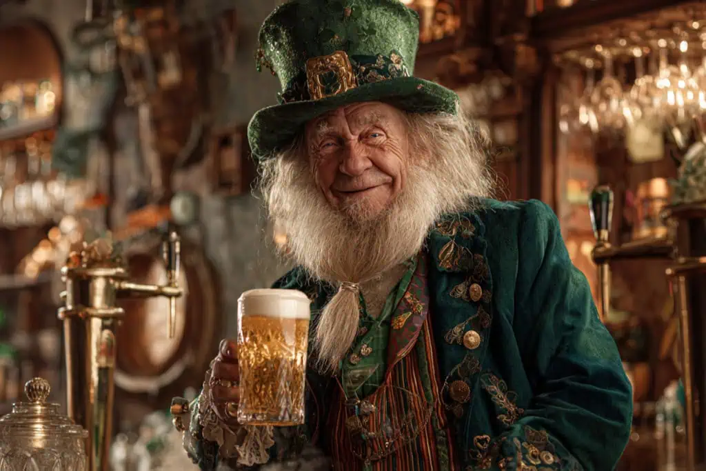 A leprechaun at an Irish pub holding a beer surrounded by St Patrick's Day accessories. 