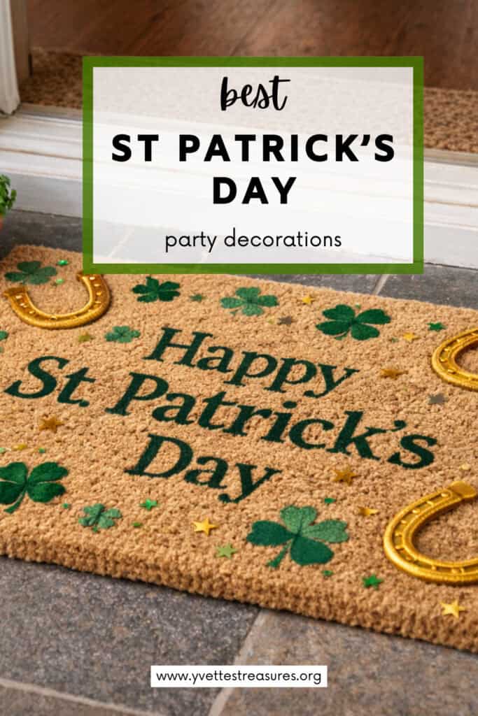 A fun doormat covered in St Patrick's decor to welcome guests to a St Patty's day party celebration.