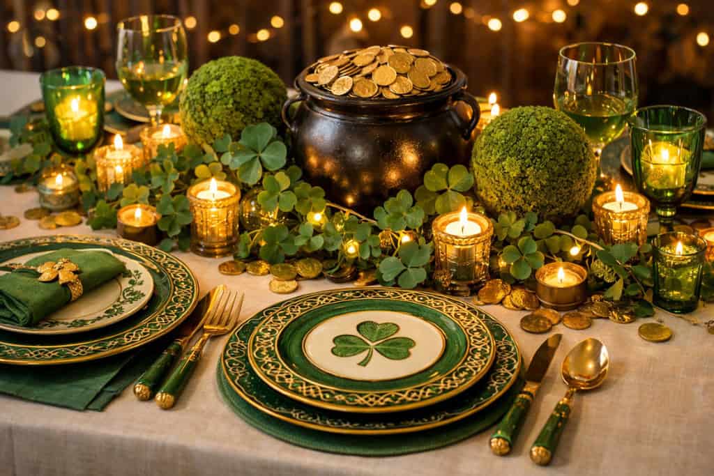 Green and gold dinner plates for a St Patrick's party with a black pot filled with gold coins for a centerpiece.