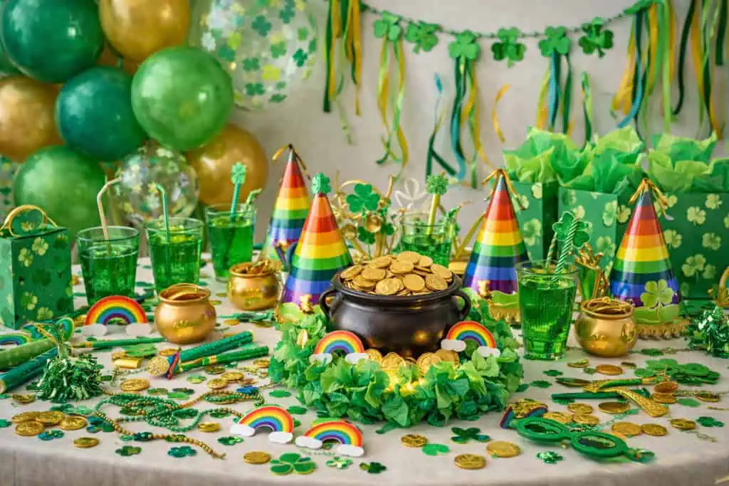 A party table filled with St Patty's day decorations.