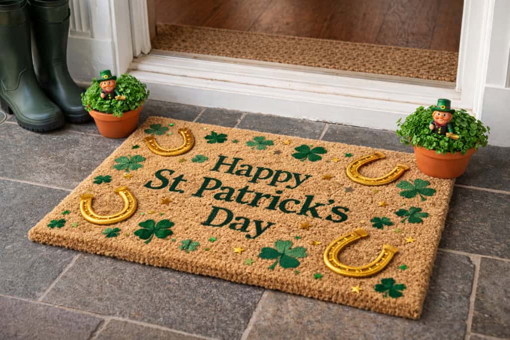 A doormat with the wording 'Happy St Patrick's Day' on to welcome guests.