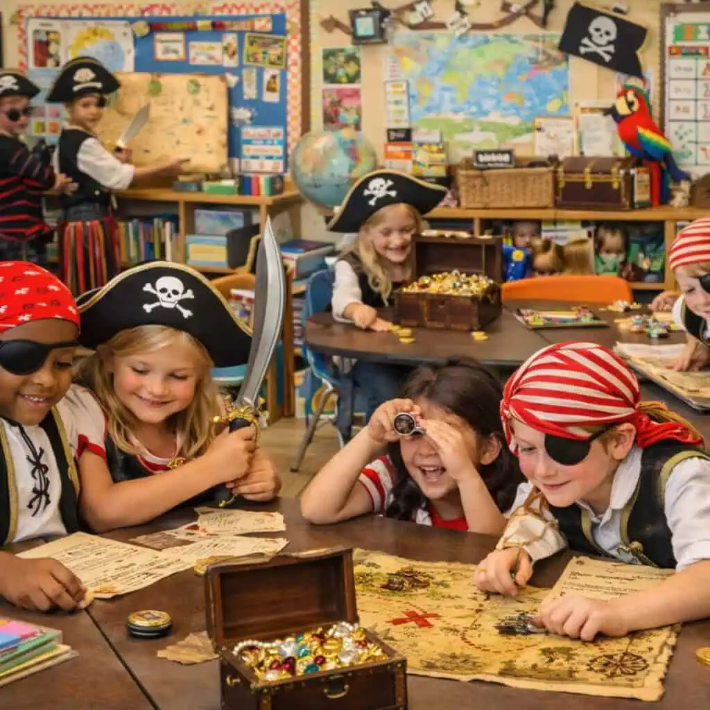 children in a classroom playing pirate scavenger hunt
