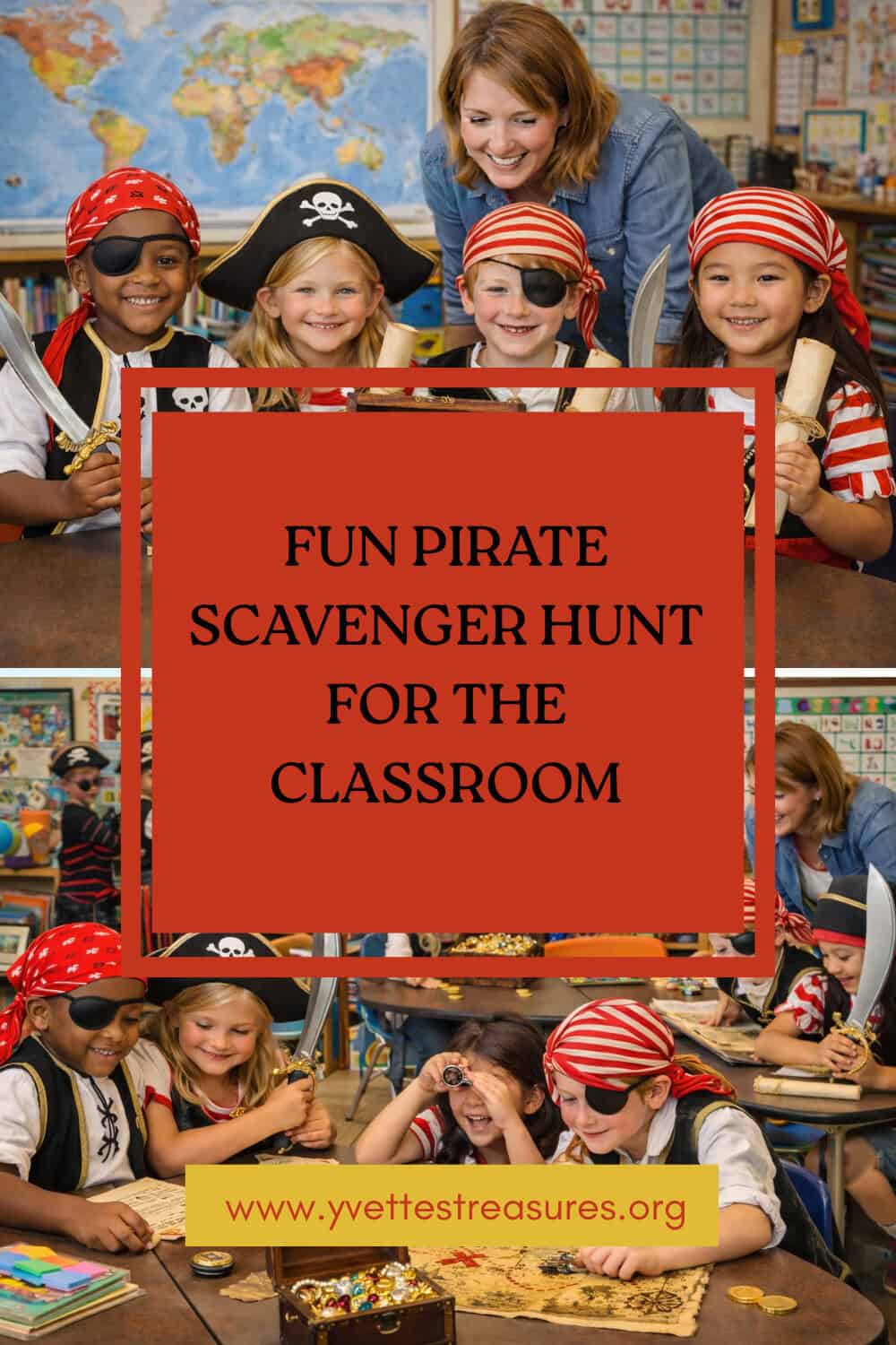 A Pinterest pin showing students in a classroom playing pirate scavenger hunt.