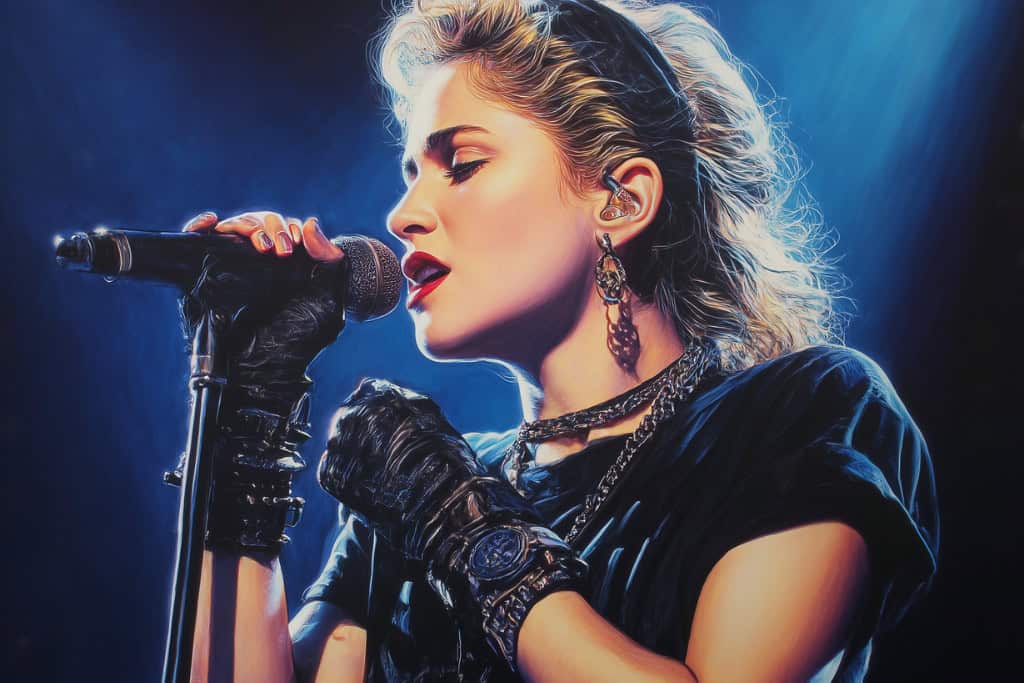 Beautiful female singer Madonna with microphone, singing passionately during live concert.