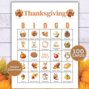A close up of a Printable Thanksgiving bingo card with pumpkins in the background and the wording 100 cards and instant download on the front.