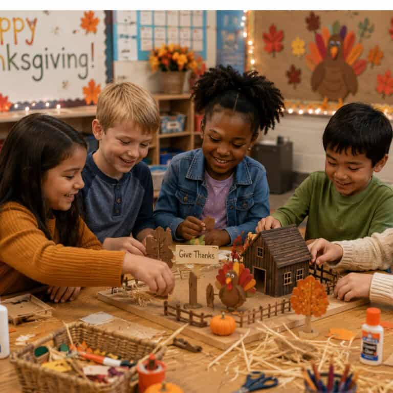 A classroom full of students making Thanksgiving crafts for family and friends.