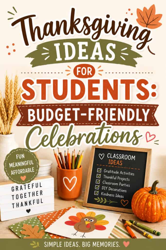 A colorful Thanksgiving Pinterest Pin promoting my post called Thanksgiving Ideas for Students. Showing an image of a pumpkin and a school blackboard and some pencils.