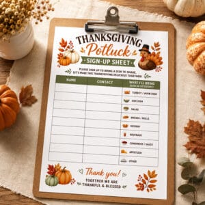 A printable Thanksgiving potluck sign up sheet displayed on a wooden clipboard.