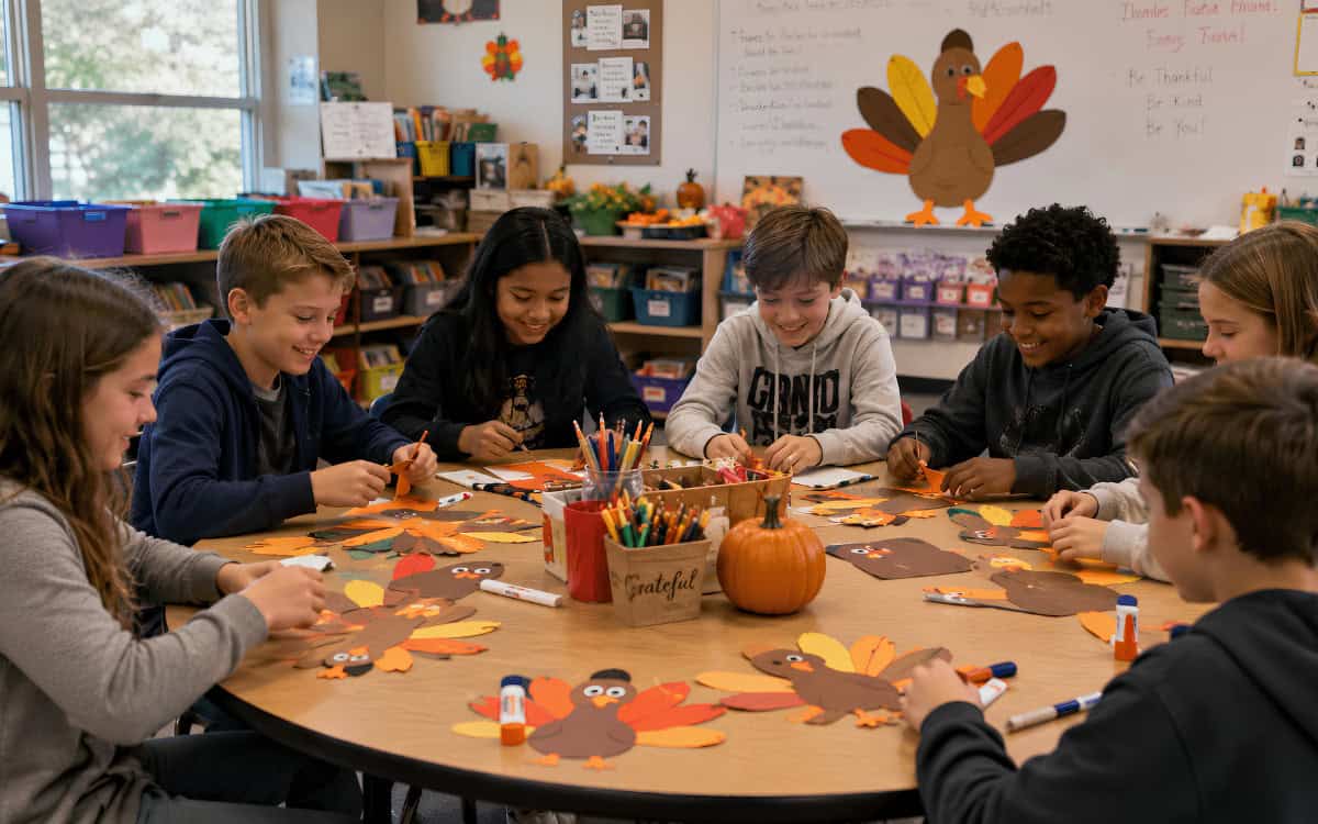 Students making Thanksgiving crafts with fall-themed decorations in classroom.