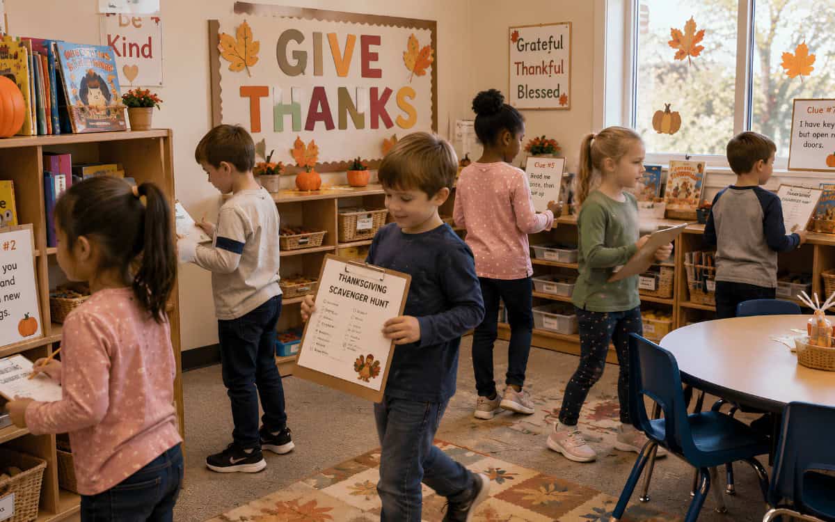 Students in a classroom playing indoor scavenger hunt using treasure hunt printables.