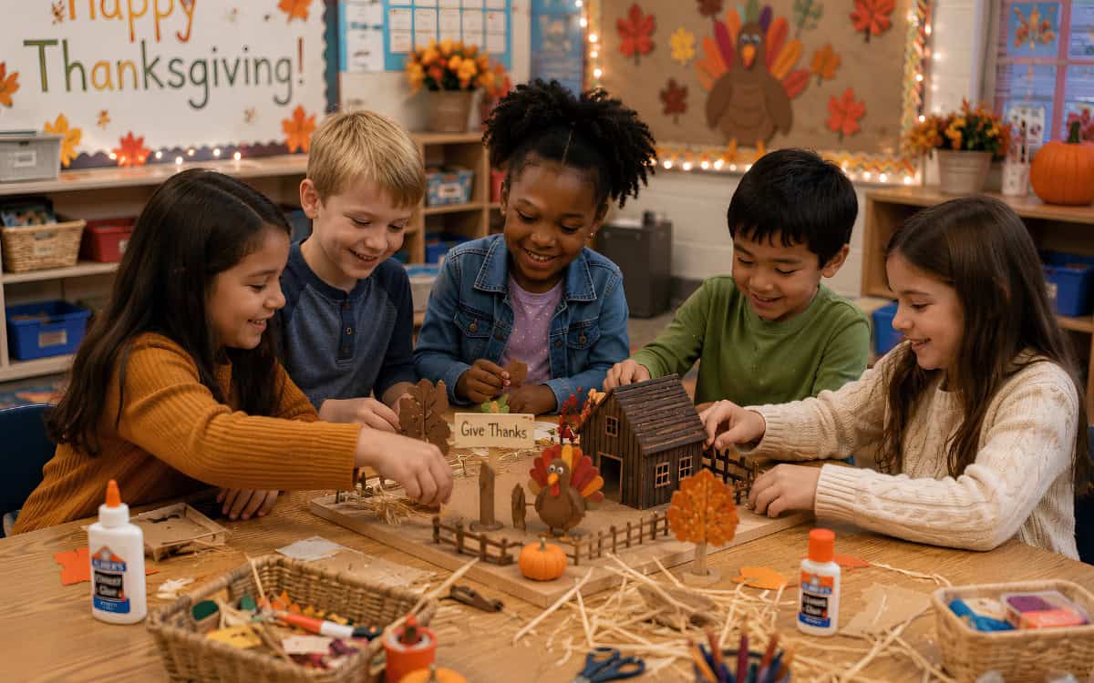Children making Thanksgiving crafts with autumn-themed decorations.